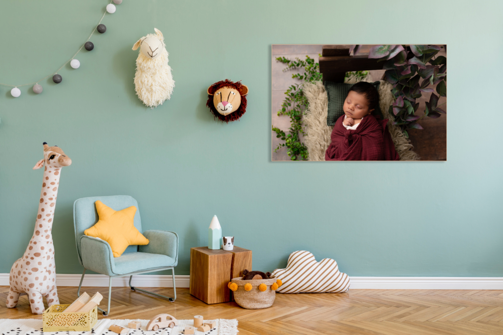 Stylish scandinavian kid room with toys, teddy bear, plush anima