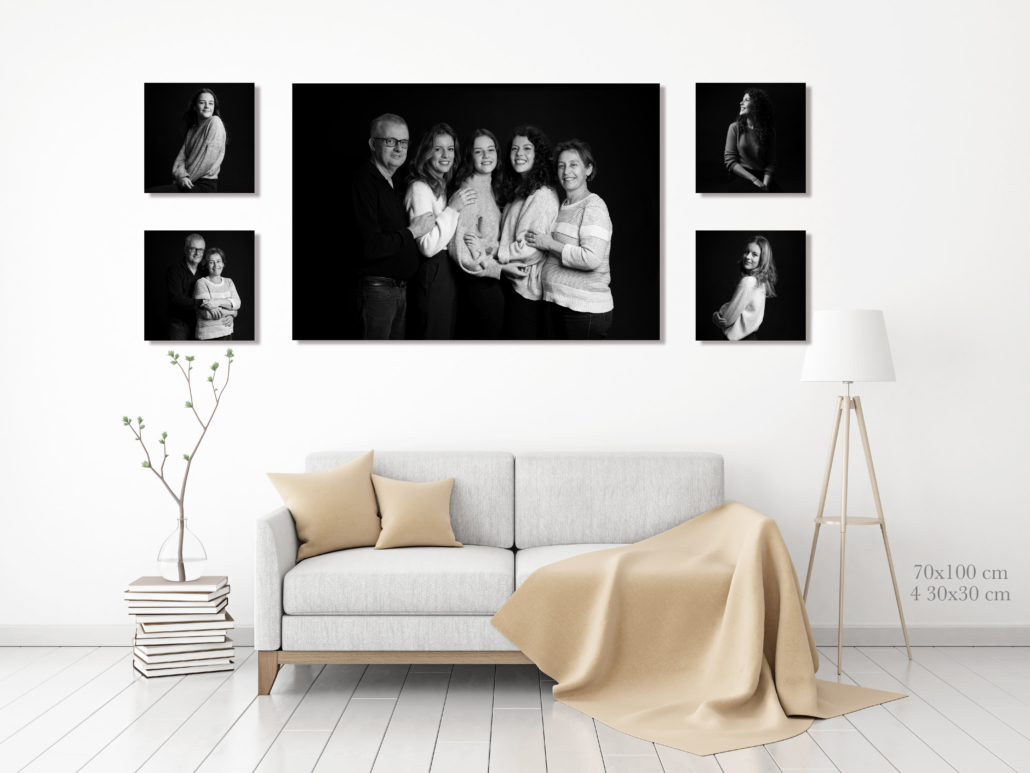 Interior poster mock-up with fabric sofa, plaid and pillows on white wall background. 3D rendering.