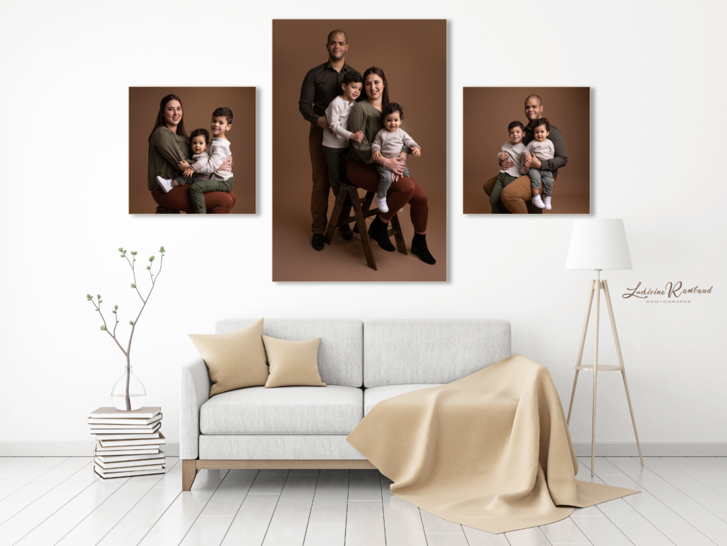 Interior poster mock-up with fabric sofa, plaid and pillows on white wall background. 3D rendering.