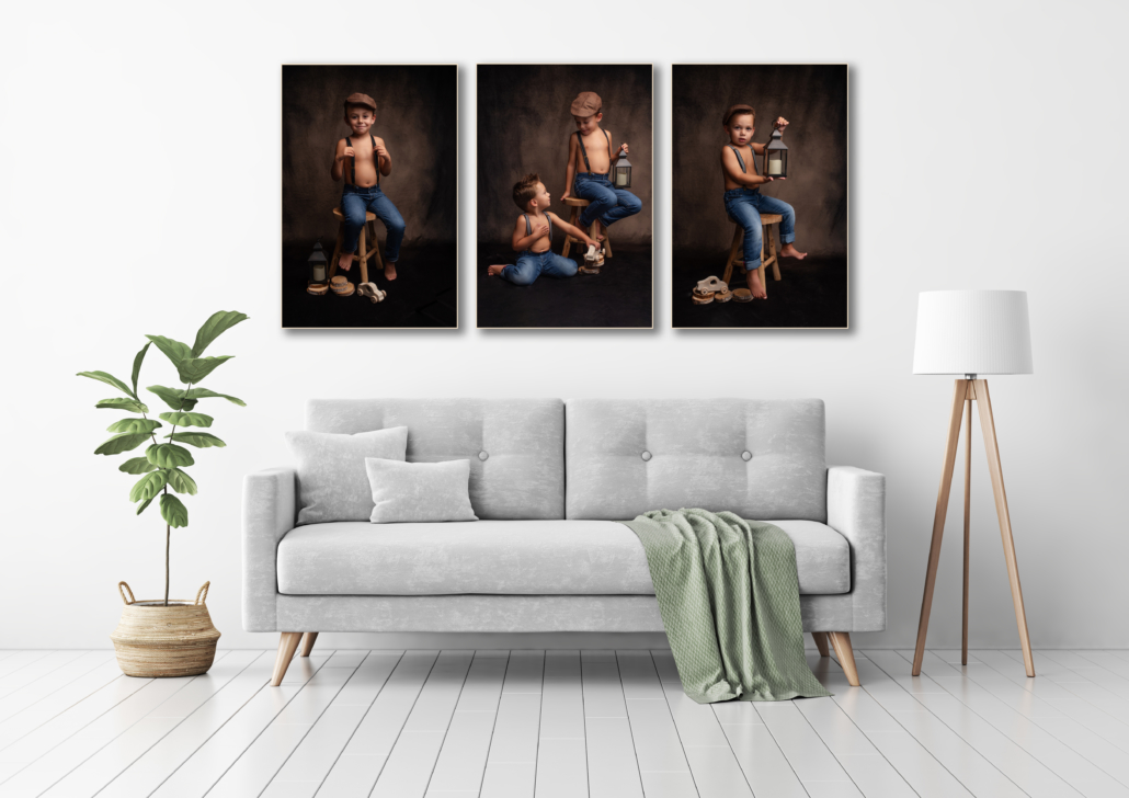 Living room interior with gray velvet sofa, pillows, green plaid, lamp and fiddle leaf tree in wicker basket on white wall background. 3D rendering.